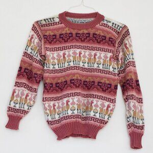 Pink & White Llama Faire Isle Thick Knit Sweater | Size XS